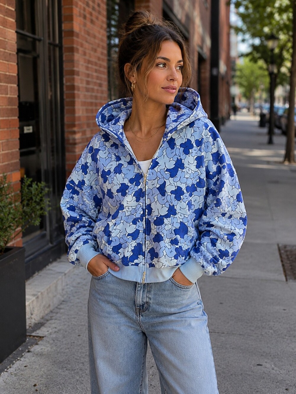 Named Collective Blue AOP Full Zip Oversized Cropped Hoodie Sz L/XL Streetwear